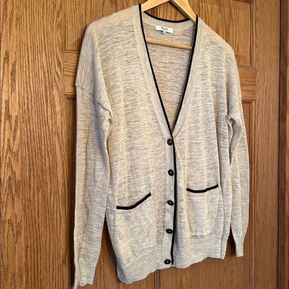 MADEWELL Linen Blend Contrast Trim V-Neck Lightweight Cardigan - Picture 7 of 8